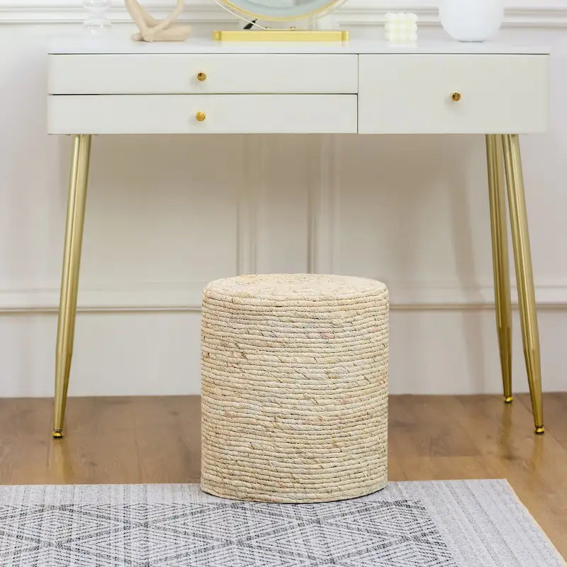 Pouf Rotondo in Giunco Naturale Intrecciato a Mano Poggiapiedi