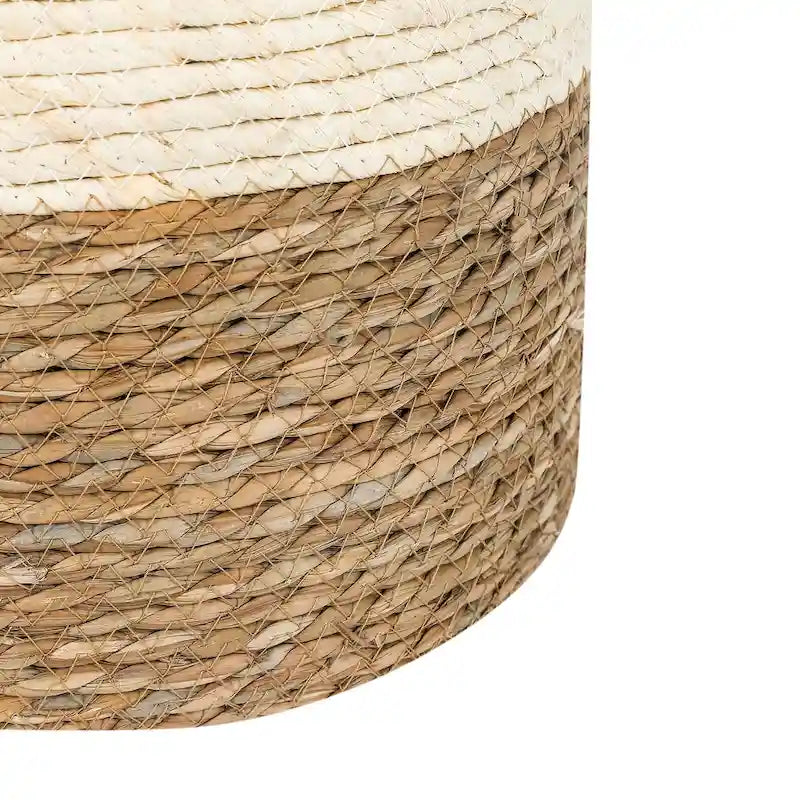 Pouf Rotondo in Giunco Naturale Intrecciato a Mano Poggiapiedi