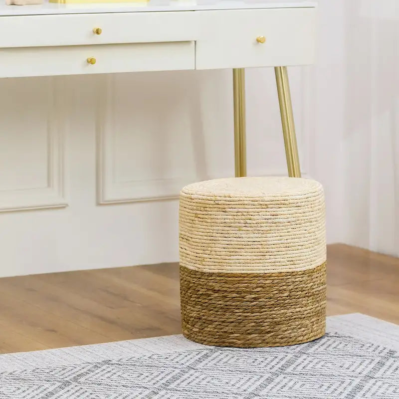 Pouf Rotondo in Giunco Naturale Intrecciato a Mano Poggiapiedi