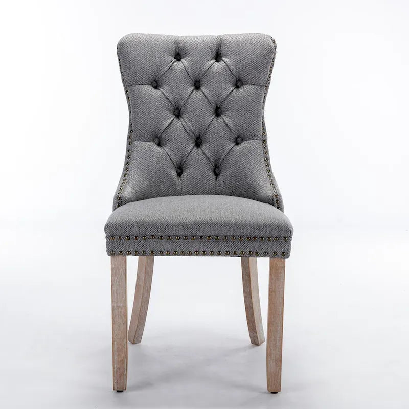 Sedia da pranzo di lusso imbottita in legno massello in lino contemporaneo con gambe in legno e borchie, set da 2 pezzi