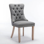 Sedia da pranzo di lusso imbottita in legno massello in lino contemporaneo con gambe in legno e borchie, set da 2 pezzi