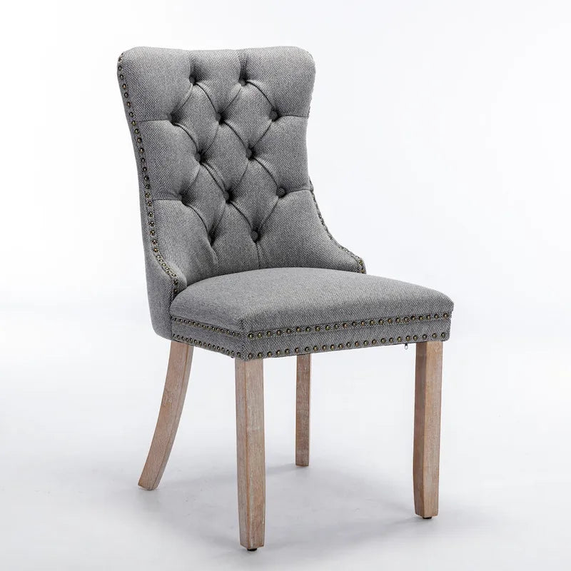 Sedia da pranzo di lusso imbottita in legno massello in lino contemporaneo con gambe in legno e borchie, set da 2 pezzi