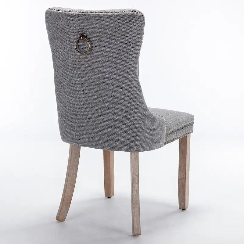 Sedia da pranzo di lusso imbottita in legno massello in lino contemporaneo con gambe in legno e borchie, set da 2 pezzi
