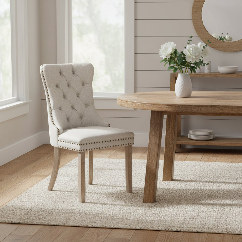 Sedia da pranzo di lusso imbottita in legno massello in lino contemporaneo con gambe in legno e borchie, set da 2 pezzi