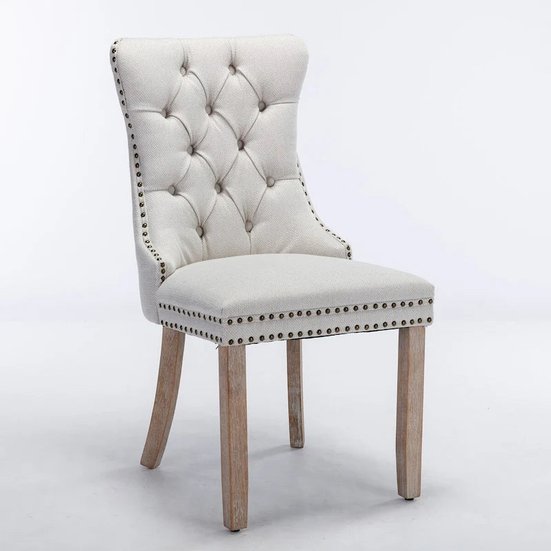Sedia da pranzo di lusso imbottita in legno massello in lino contemporaneo con gambe in legno e borchie, set da 2 pezzi