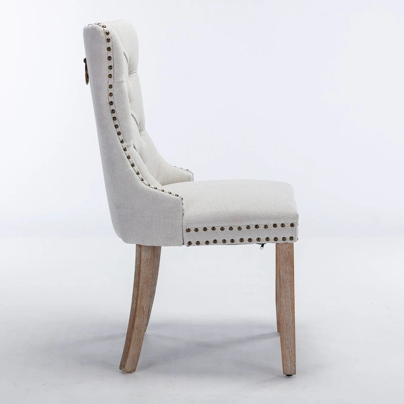 Sedia da pranzo di lusso imbottita in legno massello in lino contemporaneo con gambe in legno e borchie, set da 2 pezzi