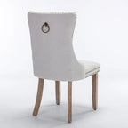 Sedia da pranzo di lusso imbottita in legno massello in lino contemporaneo con gambe in legno e borchie, set da 2 pezzi