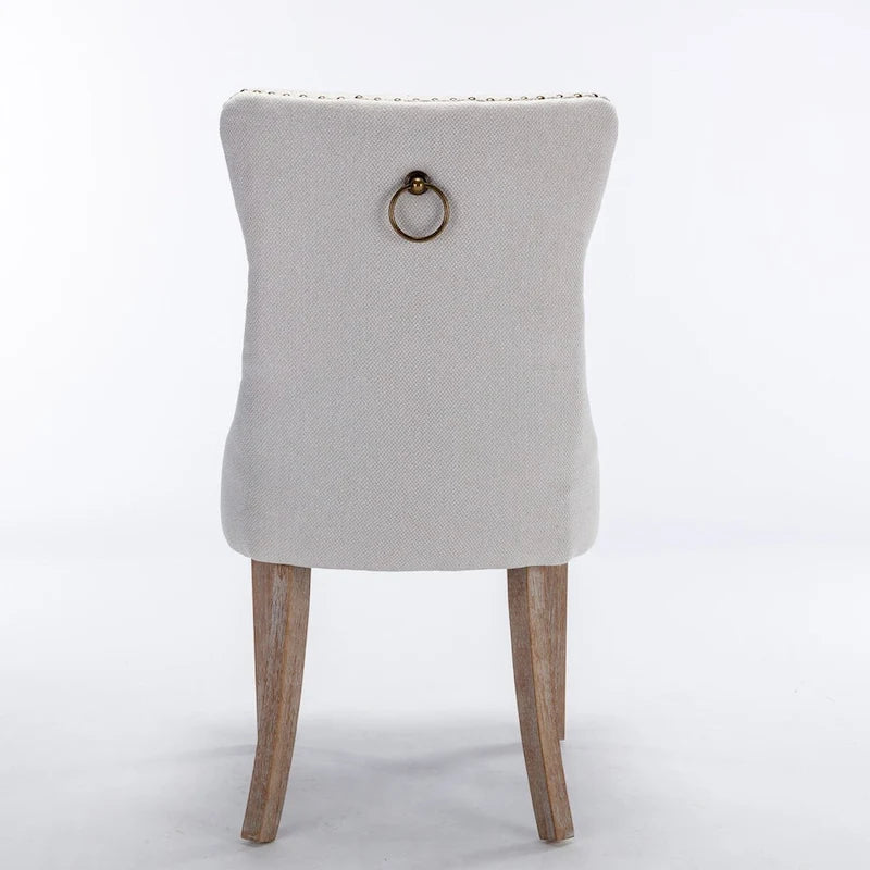 Sedia da pranzo di lusso imbottita in legno massello in lino contemporaneo con gambe in legno e borchie, set da 2 pezzi