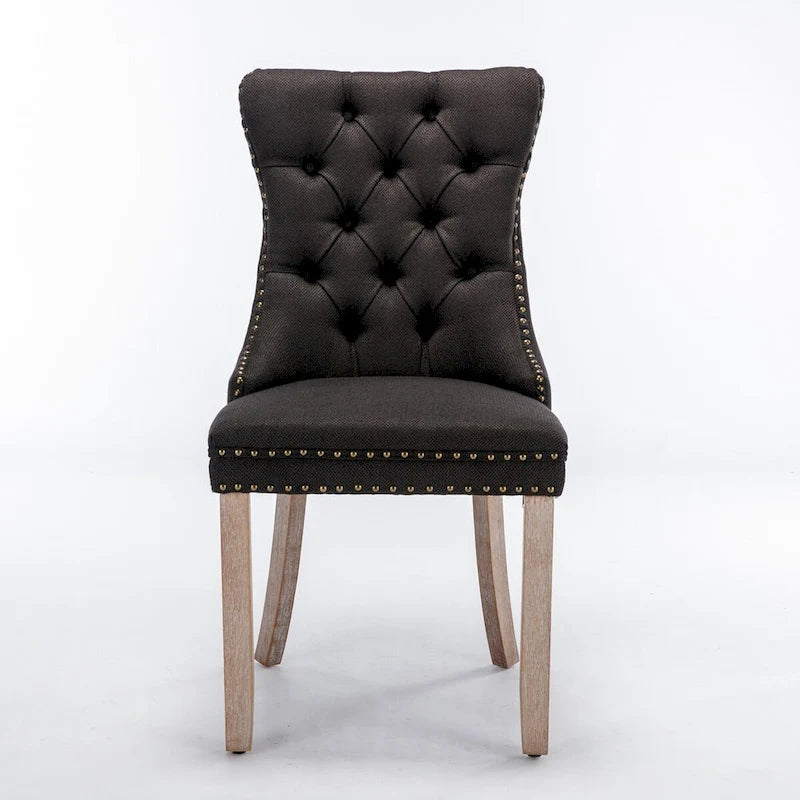 Sedia da pranzo di lusso imbottita in legno massello in lino contemporaneo con gambe in legno e borchie, set da 2 pezzi