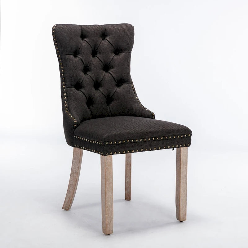 Sedia da pranzo di lusso imbottita in legno massello in lino contemporaneo con gambe in legno e borchie, set da 2 pezzi