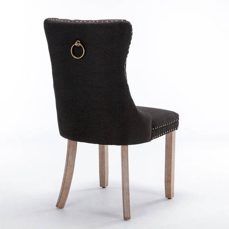 Sedia da pranzo di lusso imbottita in legno massello in lino contemporaneo con gambe in legno e borchie, set da 2 pezzi