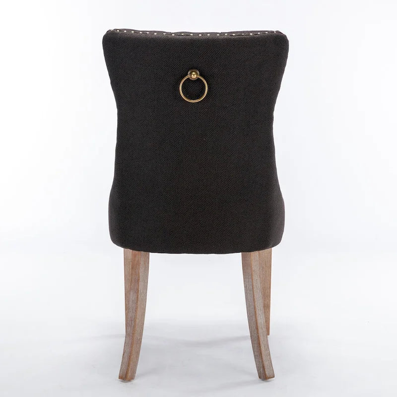 Sedia da pranzo di lusso imbottita in legno massello in lino contemporaneo con gambe in legno e borchie, set da 2 pezzi