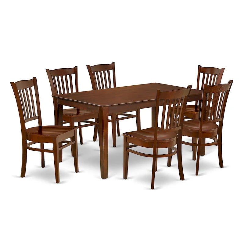 Set da pranzo - un tavolo da pranzo rettangolare e sedie da pranzo con seduta in legno, mogano (Opzioni pezzi)
