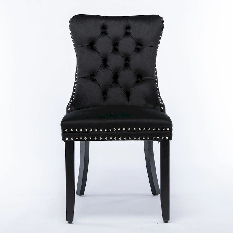 Set da 2 sedie da pranzo contemporanee di lusso con schienale capitonné, struttura in legno massello, rivestimento in velluto e gambe in legno con borchie decorative, colore Oro