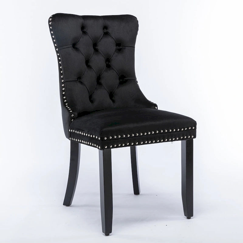 Set da 2 sedie da pranzo contemporanee di lusso con schienale capitonné, struttura in legno massello, rivestimento in velluto e gambe in legno con borchie decorative, colore Oro