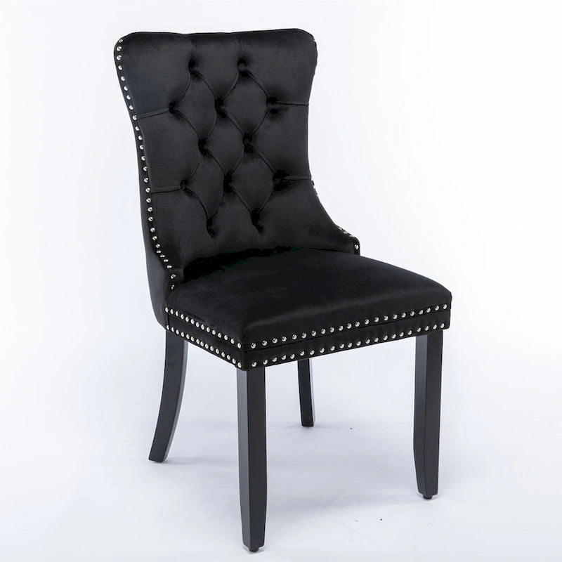 Set da 2 sedie da pranzo contemporanee di lusso con schienale capitonné, struttura in legno massello, rivestimento in velluto e gambe in legno con borchie decorative, colore Oro