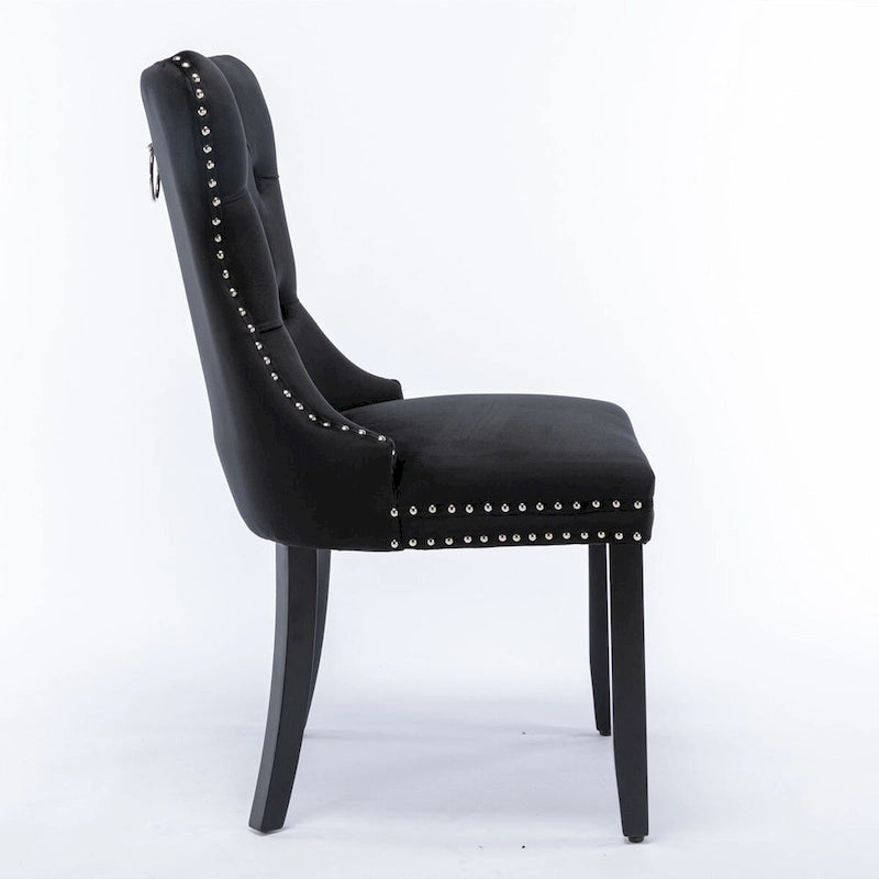 Set da 2 sedie da pranzo contemporanee di lusso con schienale capitonné, struttura in legno massello, rivestimento in velluto e gambe in legno con borchie decorative, colore Oro
