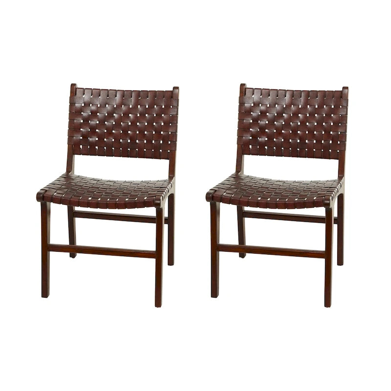 Sedia da Pranzo Intrecciata a Mano in Pelle con Struttura in Legno Teak - Set di 2 Marroni, Bianche o Nere