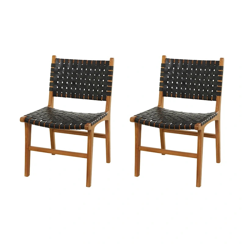 Sedia da Pranzo Intrecciata a Mano in Pelle con Struttura in Legno Teak - Set di 2 Marroni, Bianche o Nere