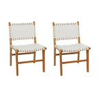 Leather Handmade Woven Dining Chair with Teak Wood Frame - Set of 2 Brown, White or Black-  