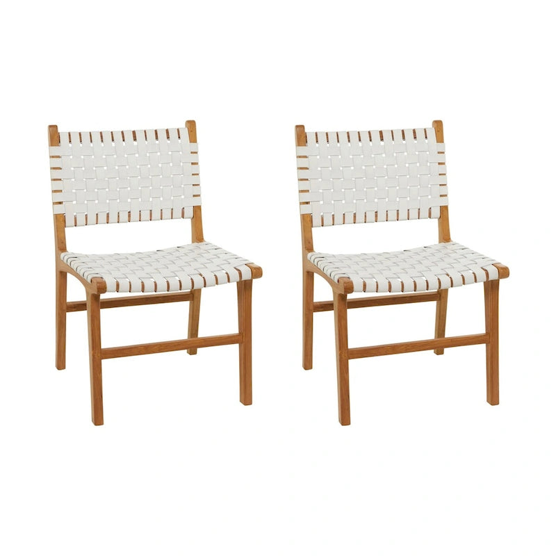Leather Handmade Woven Dining Chair with Teak Wood Frame - Set of 2 Brown, White or Black-  