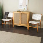 Sedia da Pranzo Intrecciata a Mano in Pelle con Struttura in Legno Teak - Set di 2 Marroni, Bianche o Nere