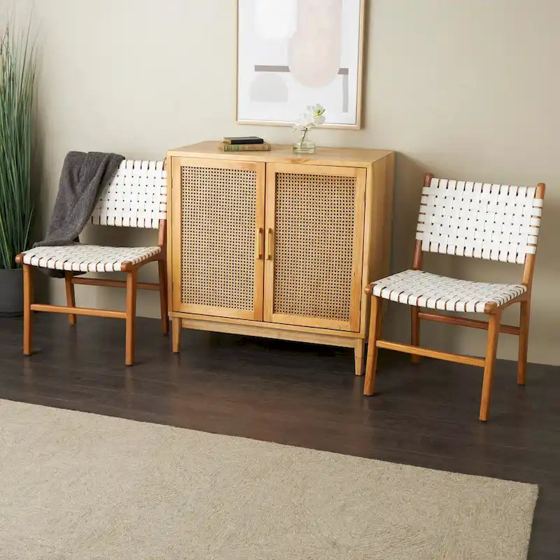 Sedia da Pranzo Intrecciata a Mano in Pelle con Struttura in Legno Teak - Set di 2 Marroni, Bianche o Nere