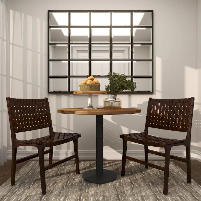 Sedia da Pranzo Intrecciata a Mano in Pelle con Struttura in Legno Teak - Set di 2 Marroni, Bianche o Nere