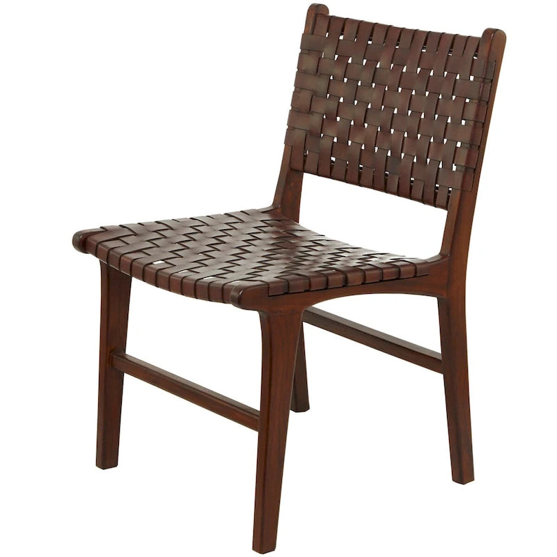 Sedia da Pranzo Intrecciata a Mano in Pelle con Struttura in Legno Teak - Set di 2 Marroni, Bianche o Nere
