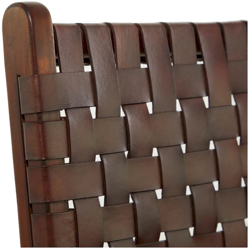 Sedia da Pranzo Intrecciata a Mano in Pelle con Struttura in Legno Teak - Set di 2 Marroni, Bianche o Nere