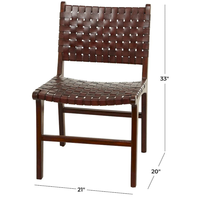 Sedia da Pranzo Intrecciata a Mano in Pelle con Struttura in Legno Teak - Set di 2 Marroni, Bianche o Nere