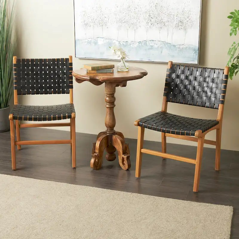 Sedia da Pranzo Intrecciata a Mano in Pelle con Struttura in Legno Teak - Set di 2 Marroni, Bianche o Nere