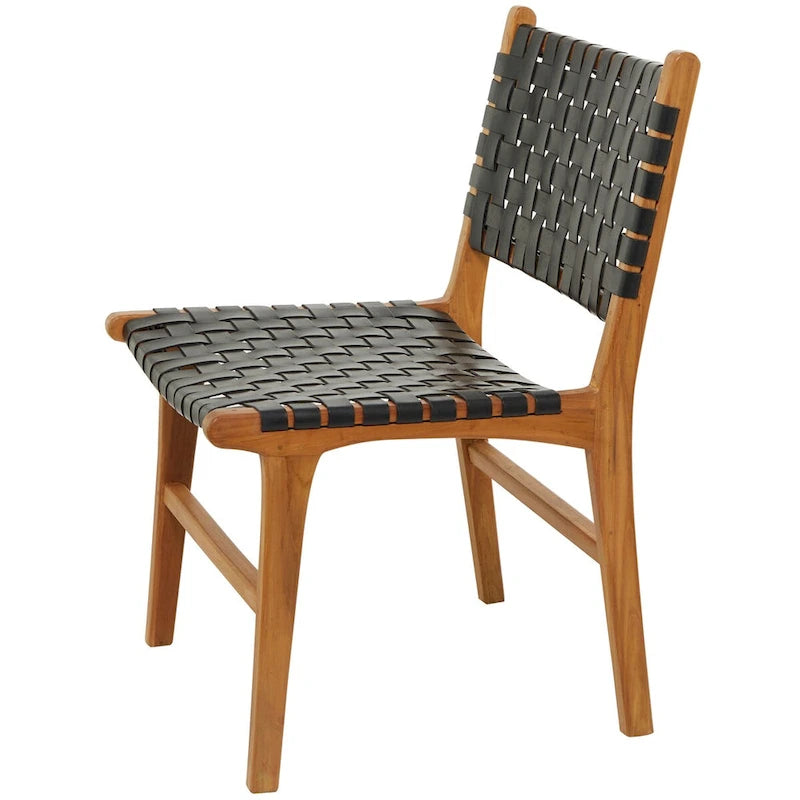Sedia da Pranzo Intrecciata a Mano in Pelle con Struttura in Legno Teak - Set di 2 Marroni, Bianche o Nere