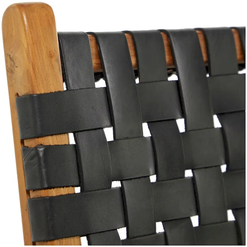 Sedia da Pranzo Intrecciata a Mano in Pelle con Struttura in Legno Teak - Set di 2 Marroni, Bianche o Nere