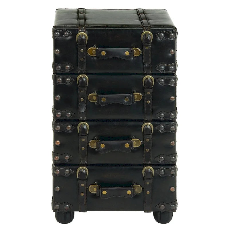 Cassettiera in similpelle vintage con 4 cassetti, cinghie con fibbia e dettagli borchie dorate - Nera -