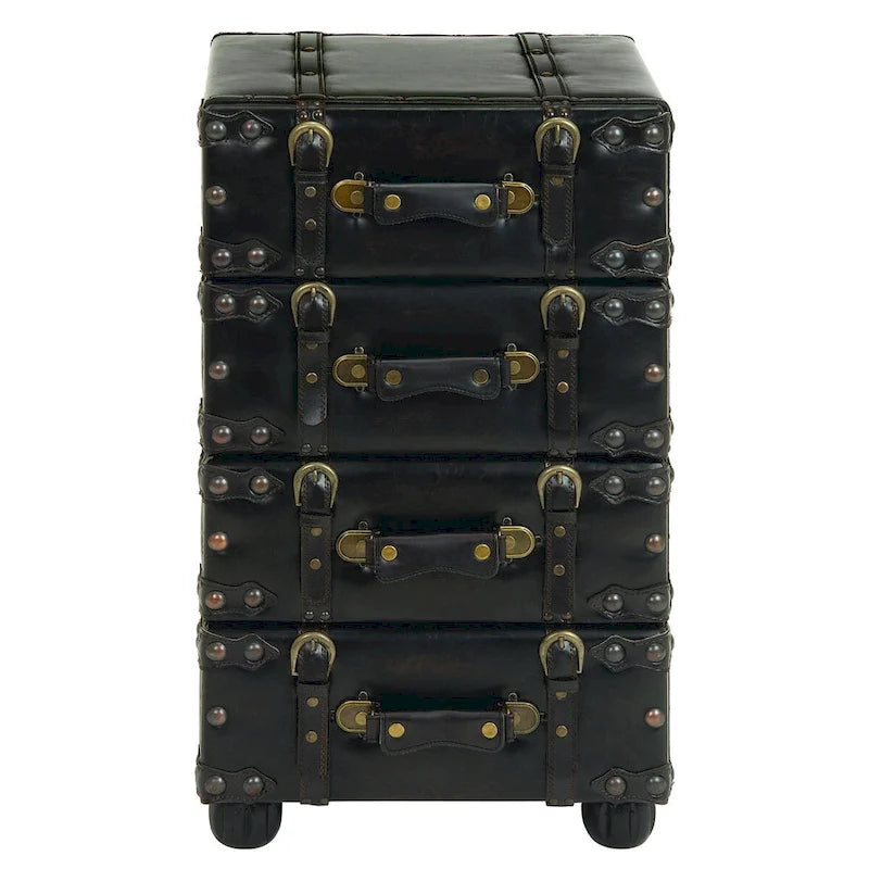 Faux Leather Vintage 4 Drawer Room Chest with Buckle Straps and Gold Stud Details - Black -  